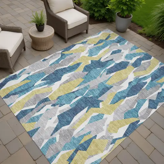 Teal Blue Yellow And Ivory Striped Washable Indoor Outdoor Area Rug Photo 9