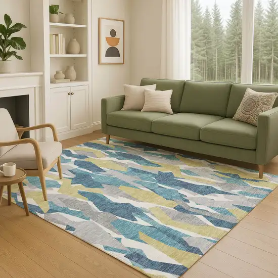 Teal Blue Yellow And Ivory Striped Washable Indoor Outdoor Area Rug Photo 9