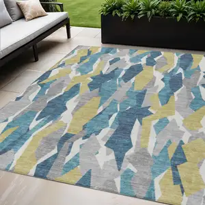 Photo of Teal Blue Yellow And Ivory Striped Washable Indoor Outdoor Area Rug