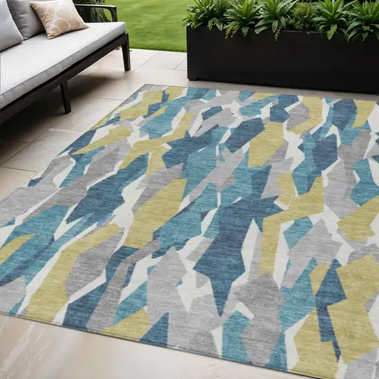 Teal Blue Yellow And Ivory Striped Washable Indoor Outdoor Area Rug Photo 1