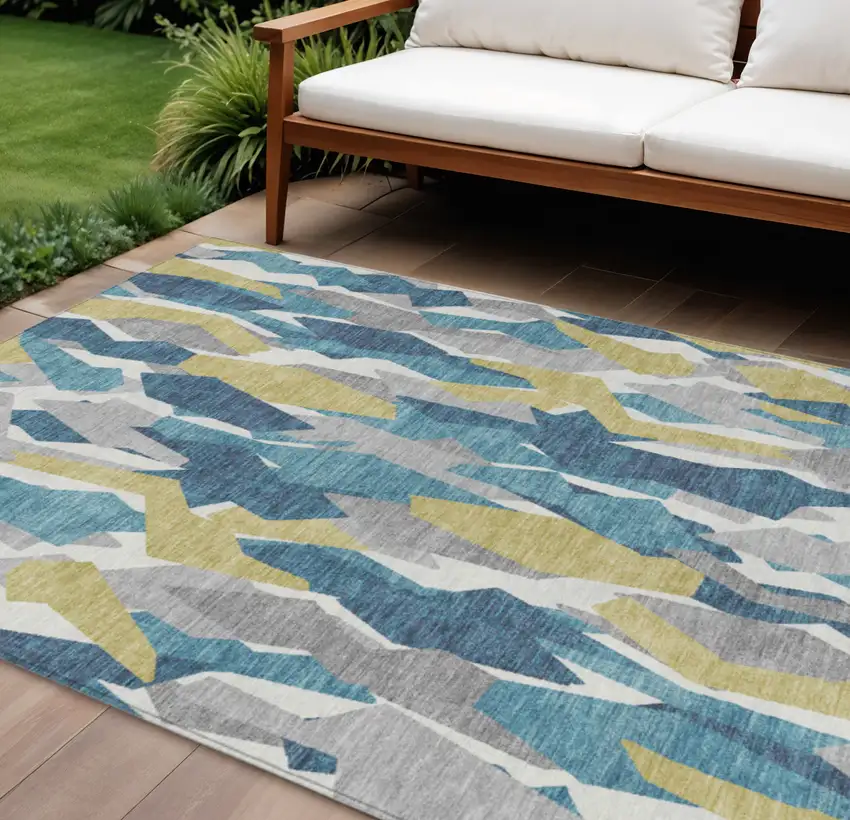 Teal Blue Yellow And Ivory Striped Washable Indoor Outdoor Area Rug Photo 1