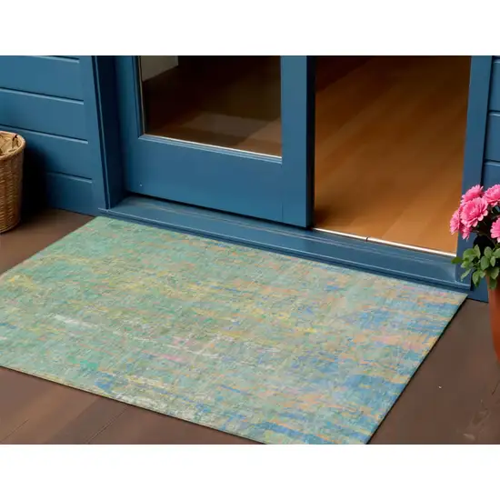 Teal Blue Yellow And Orange Abstract Washable Indoor Outdoor Area Rug Photo 2