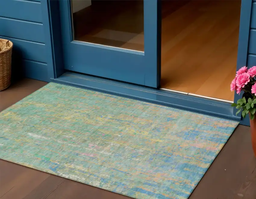 Teal Blue Yellow And Orange Abstract Washable Indoor Outdoor Area Rug Photo 2