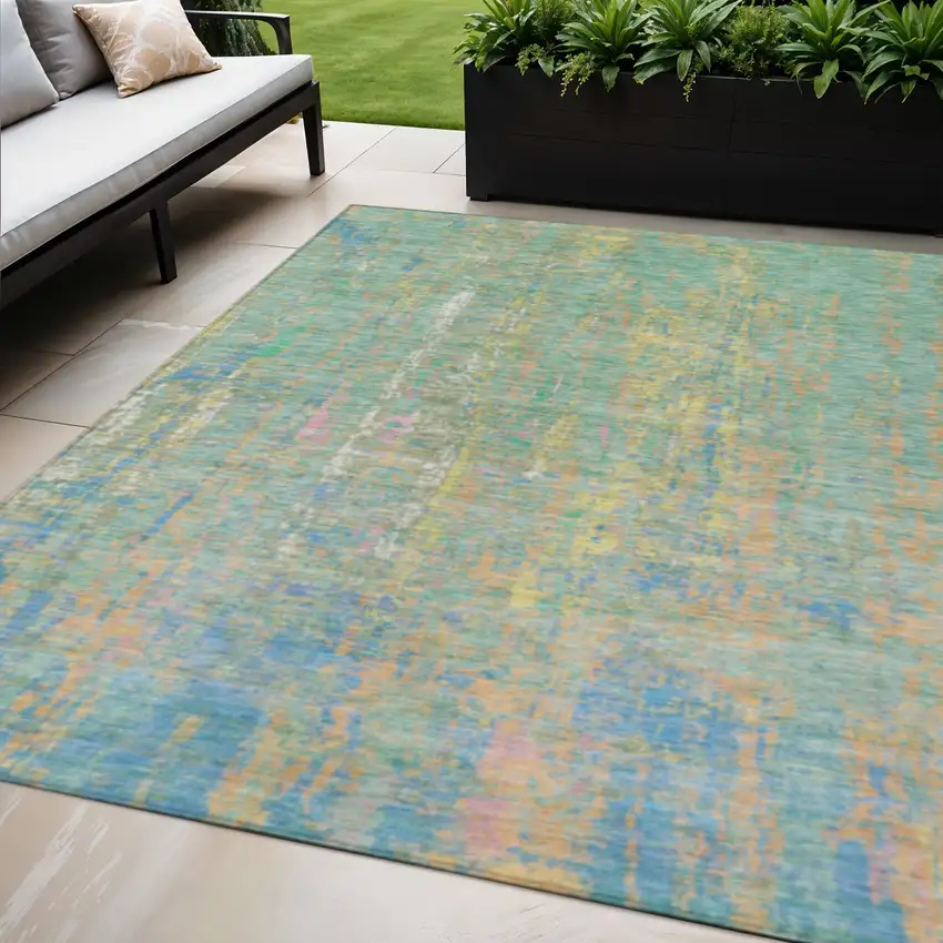 Teal Blue Yellow And Orange Abstract Washable Indoor Outdoor Area Rug Photo 2