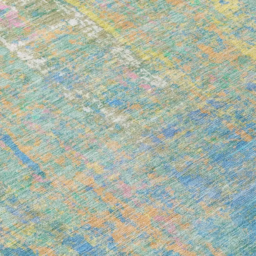 Teal Blue Yellow And Orange Abstract Washable Indoor Outdoor Area Rug Photo 1