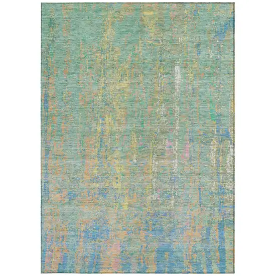 Teal Blue Yellow And Orange Abstract Washable Indoor Outdoor Area Rug Photo 1