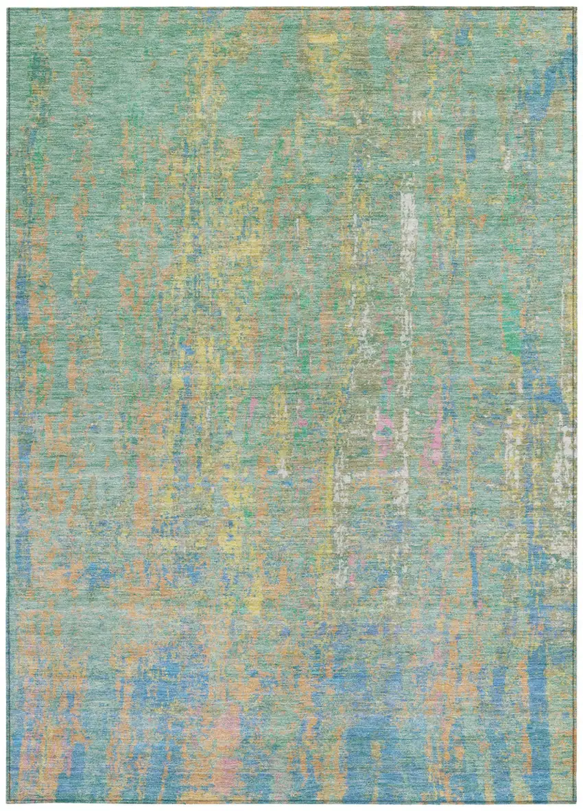 Teal Blue Yellow And Orange Abstract Washable Indoor Outdoor Area Rug Photo 1