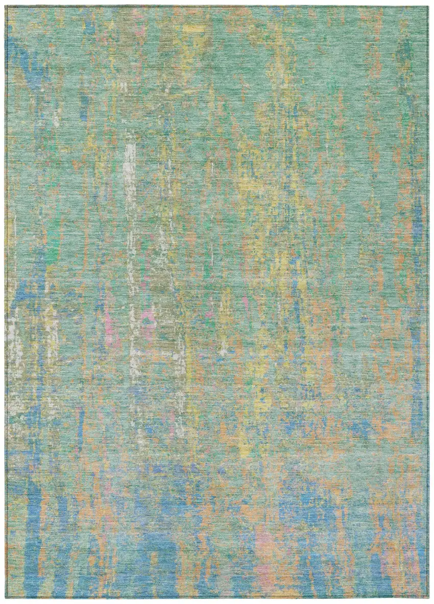 Teal Blue Yellow And Orange Abstract Washable Indoor Outdoor Area Rug Photo 7