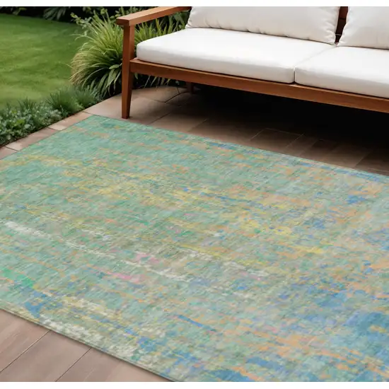 Teal Blue Yellow And Orange Abstract Washable Indoor Outdoor Area Rug Photo 2