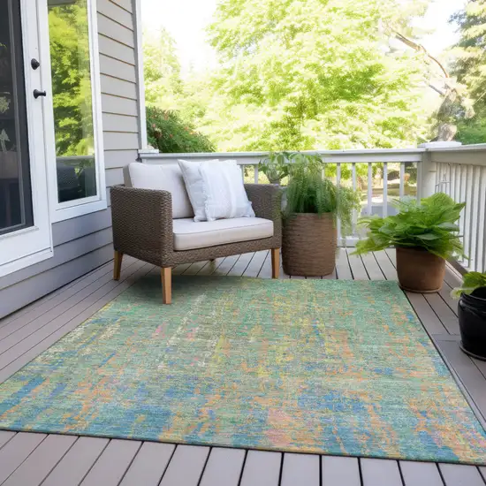 Teal Blue Yellow And Orange Abstract Washable Indoor Outdoor Area Rug Photo 6