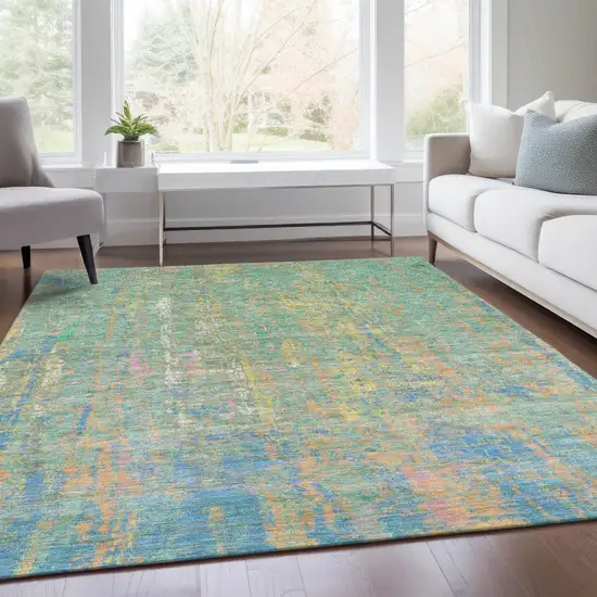 Teal Blue Yellow And Orange Abstract Washable Indoor Outdoor Area Rug Photo 5