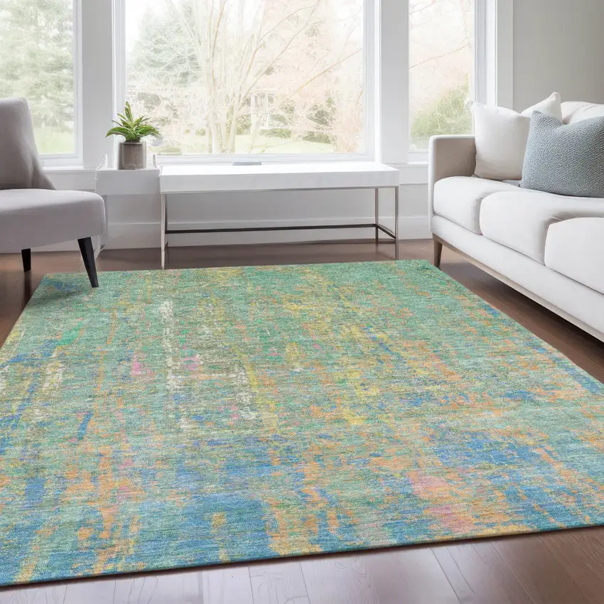 Teal Blue Yellow And Orange Abstract Washable Indoor Outdoor Area Rug Photo 5