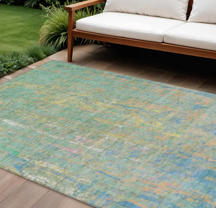 Teal Blue Yellow And Orange Abstract Washable Indoor Outdoor Area Rug Photo 2