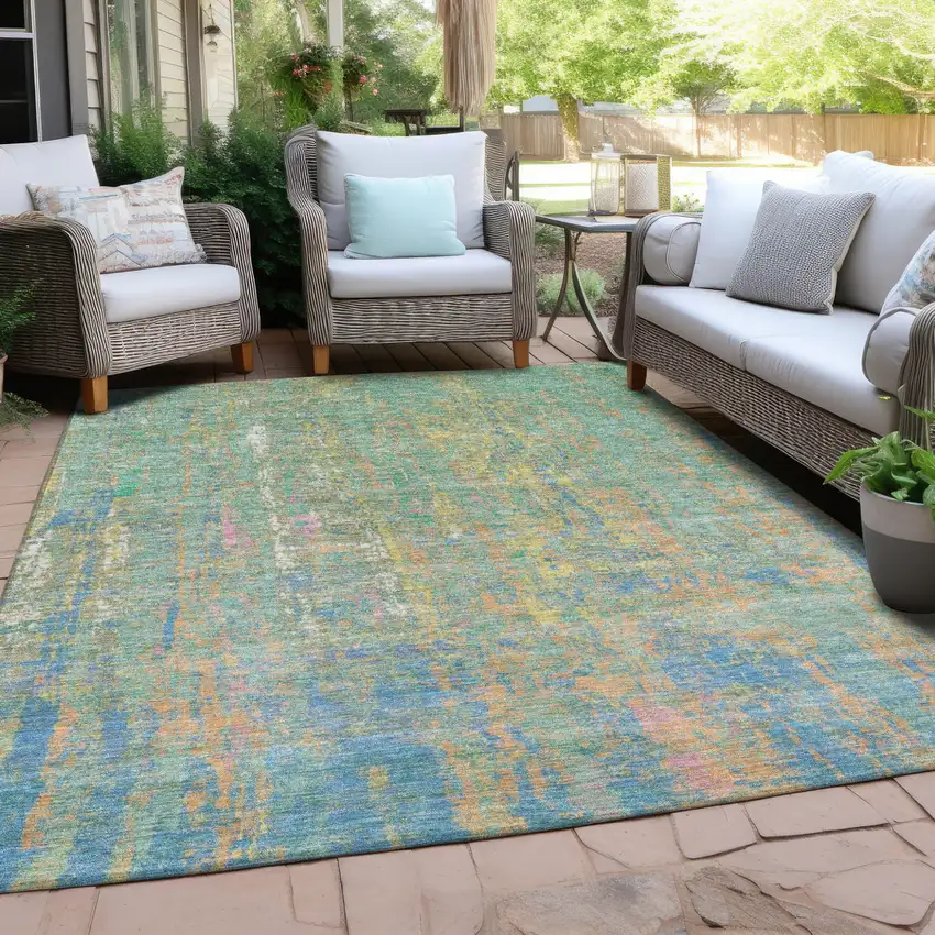 Teal Blue Yellow And Orange Abstract Washable Indoor Outdoor Area Rug Photo 4