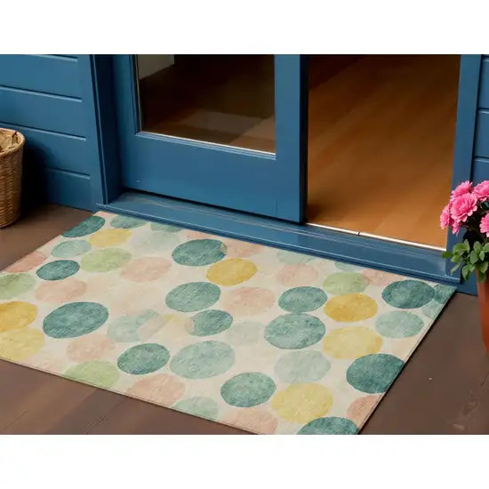 Teal Blue Yellow And Peach Geometric Washable Indoor Outdoor Area Rug Photo 2