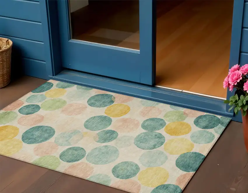 Teal Blue Yellow And Peach Geometric Washable Indoor Outdoor Area Rug Photo 2