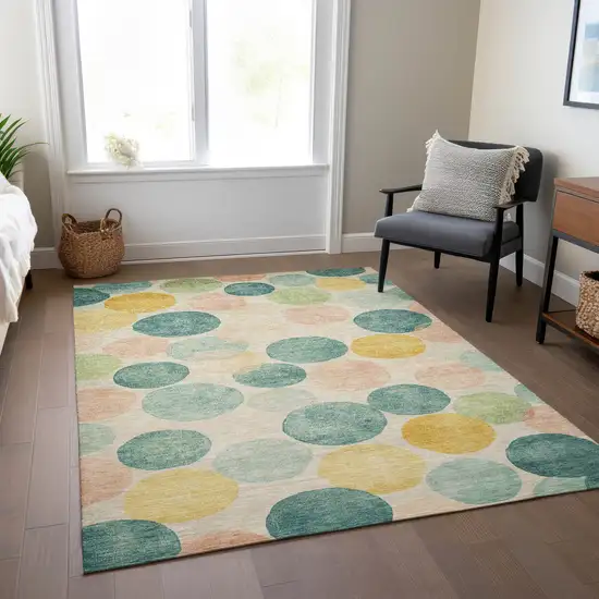 Teal Blue Yellow And Peach Geometric Washable Indoor Outdoor Area Rug Photo 7