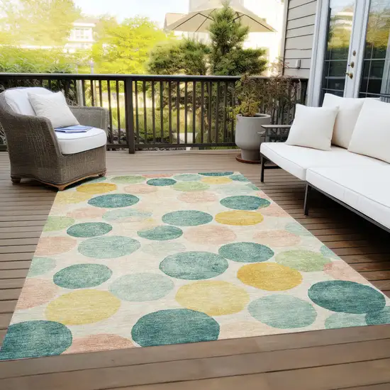 Teal Blue Yellow And Peach Geometric Washable Indoor Outdoor Area Rug Photo 8