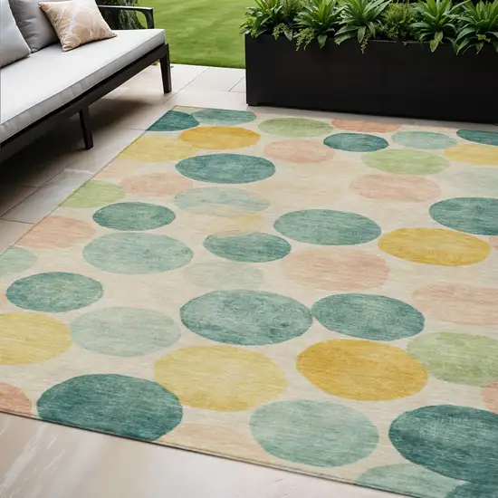 Teal Blue Yellow And Peach Geometric Washable Indoor Outdoor Area Rug Photo 2