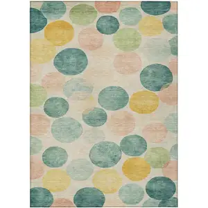 Photo of Teal Blue Yellow And Peach Geometric Washable Indoor Outdoor Area Rug