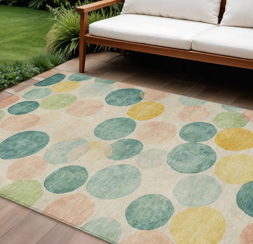 Teal Blue Yellow And Peach Geometric Washable Indoor Outdoor Area Rug Photo 2