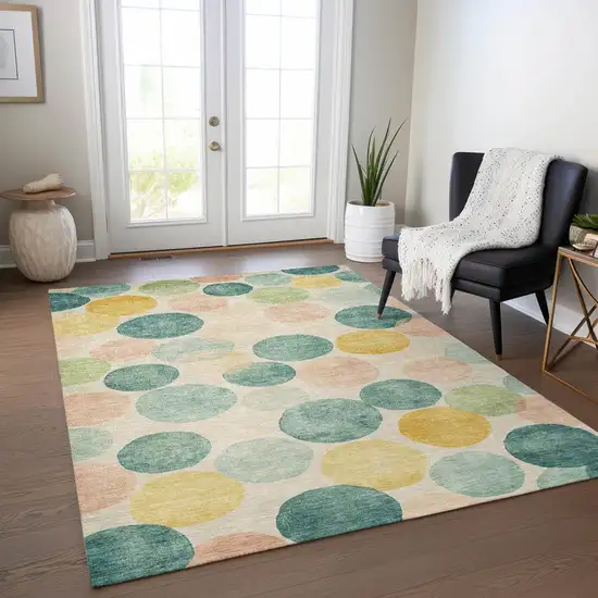 Teal Blue Yellow And Peach Geometric Washable Indoor Outdoor Area Rug Photo 6