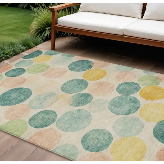 Teal Blue Yellow And Peach Geometric Washable Indoor Outdoor Area Rug Photo 2