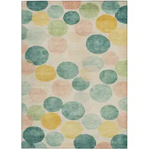 Photo of Teal Blue Yellow And Peach Geometric Washable Indoor Outdoor Area Rug