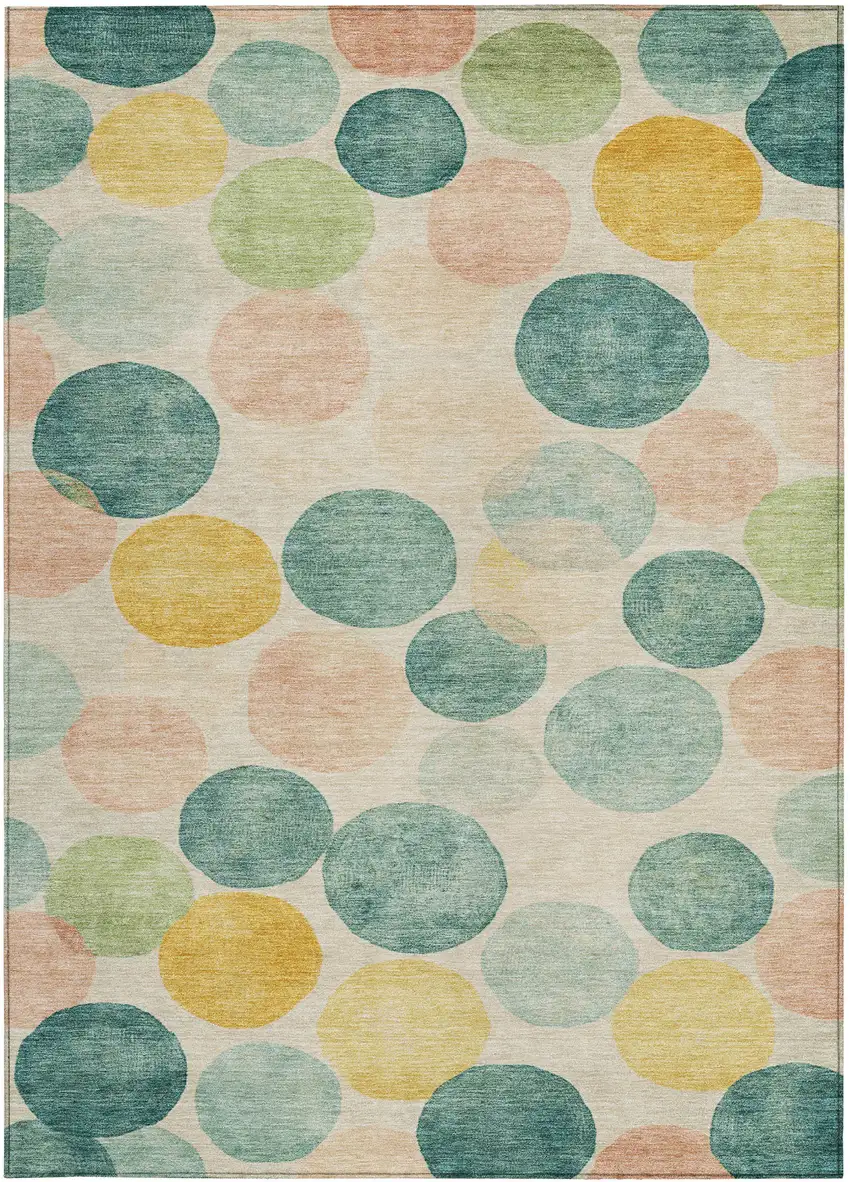 Teal Blue Yellow And Peach Geometric Washable Indoor Outdoor Area Rug Photo 1