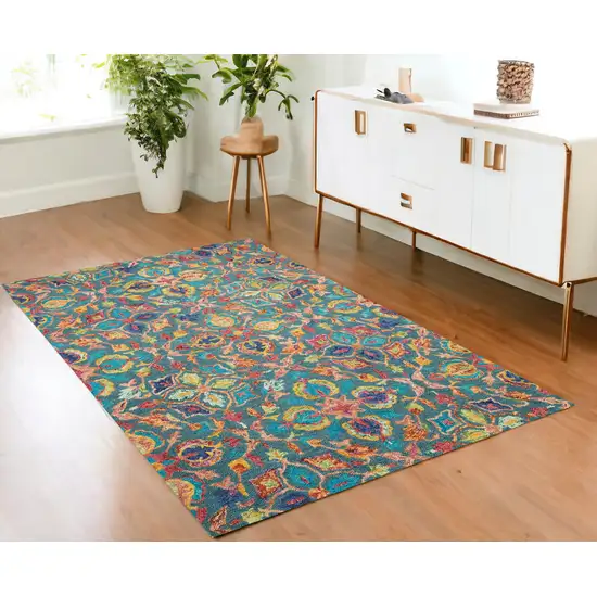 Teal Blue Yellow And Red Wool Floral Hand Tufted Area Rug Photo 1