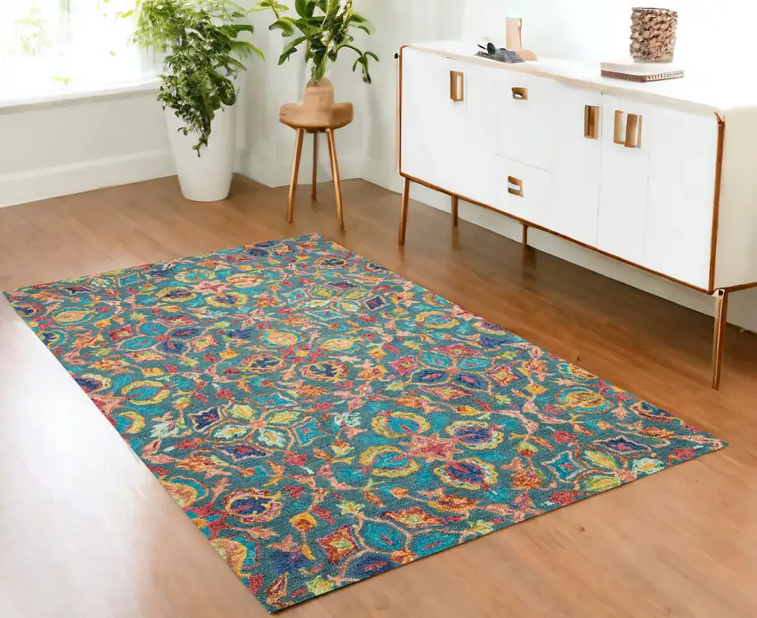 Teal Blue Yellow And Red Wool Floral Hand Tufted Area Rug Photo 1
