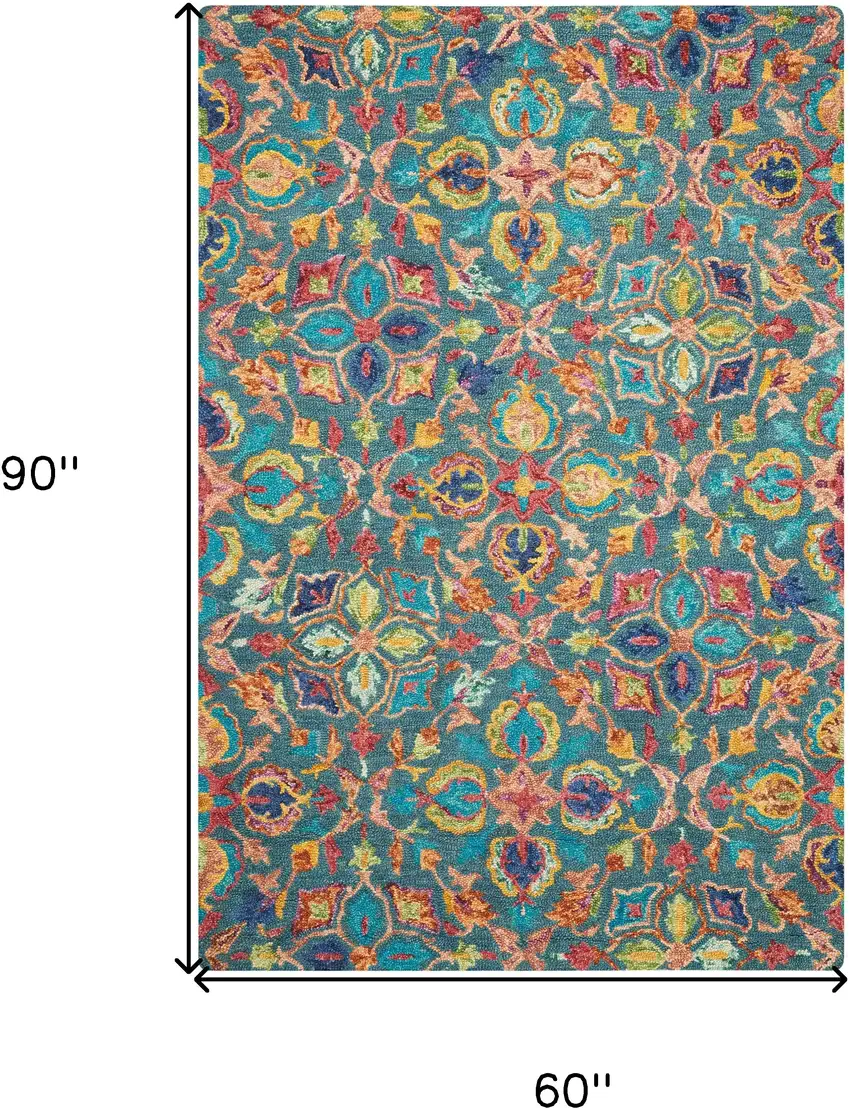 Teal Blue Yellow And Red Wool Floral Hand Tufted Area Rug Photo 3