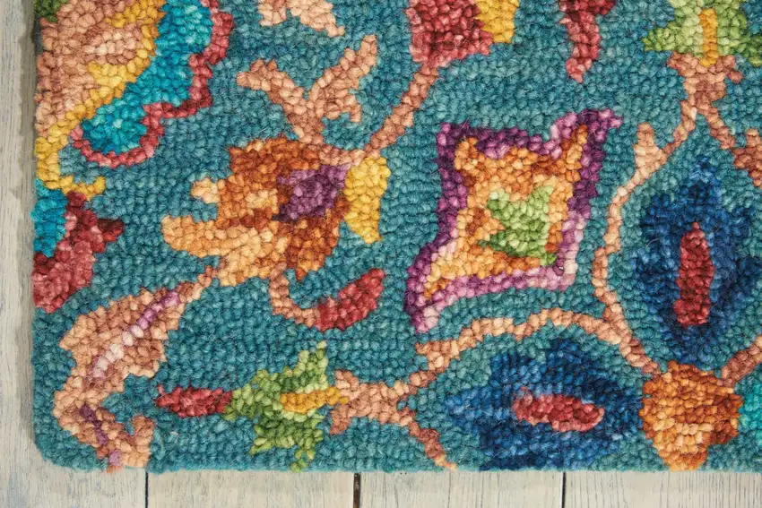Teal Blue Yellow And Red Wool Floral Hand Tufted Area Rug Photo 4