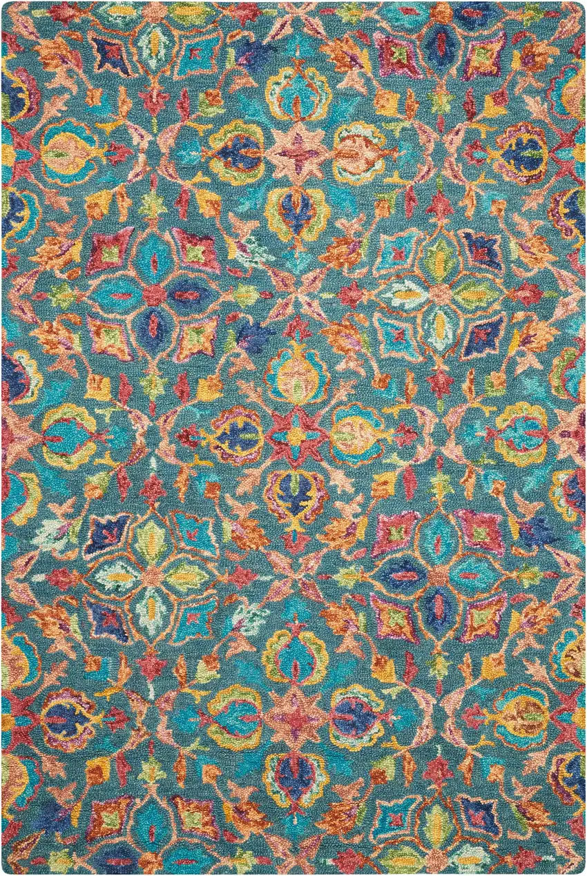 Teal Blue Yellow And Red Wool Floral Hand Tufted Area Rug Photo 2
