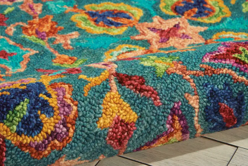 Teal Blue Yellow And Red Wool Floral Hand Tufted Area Rug Photo 5