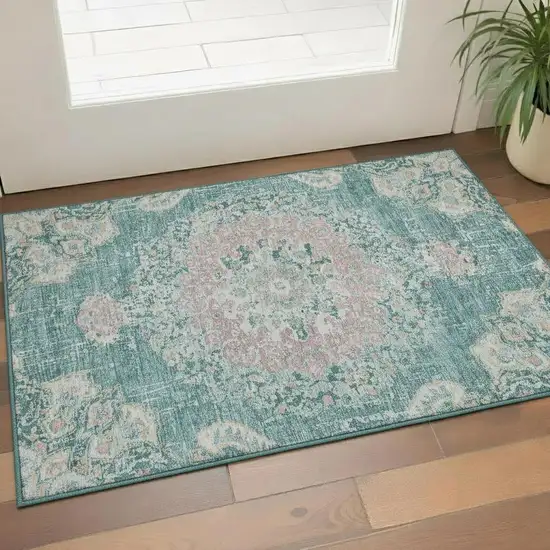 Teal Blush And Ivory Floral Washable Area Rug With UV Protection Photo 2