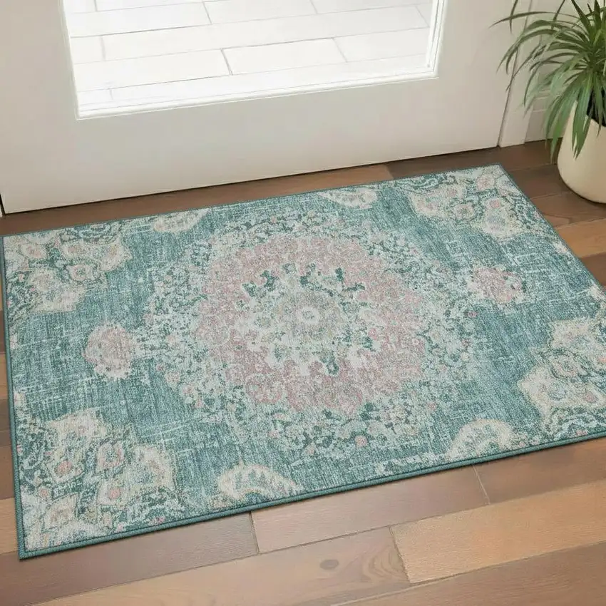 Teal Blush And Ivory Floral Washable Area Rug With UV Protection Photo 2