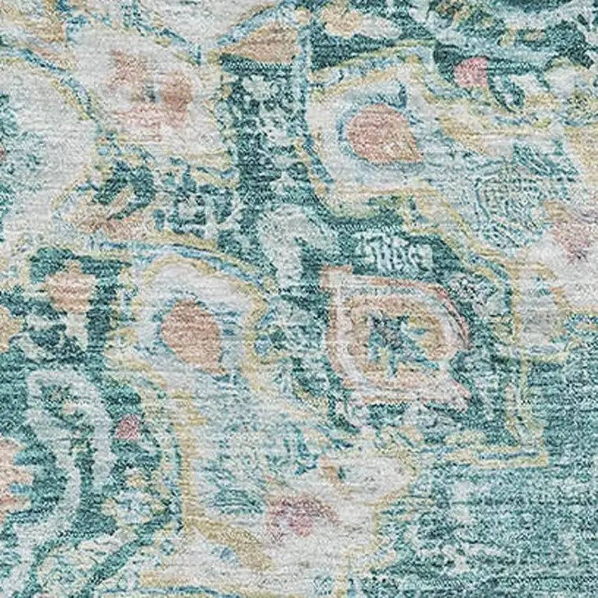 Teal Blush And Ivory Floral Washable Area Rug With UV Protection Photo 2