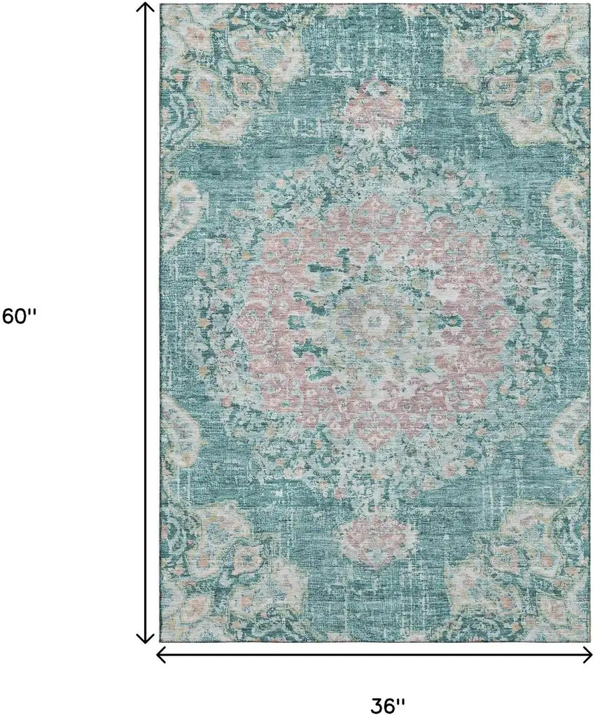 Teal Blush And Ivory Floral Washable Area Rug With UV Protection Photo 3