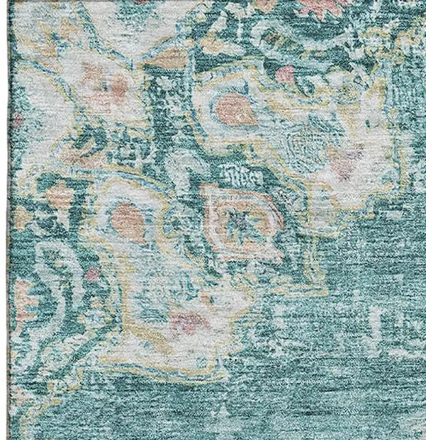 Teal Blush And Ivory Floral Washable Area Rug With UV Protection Photo 3
