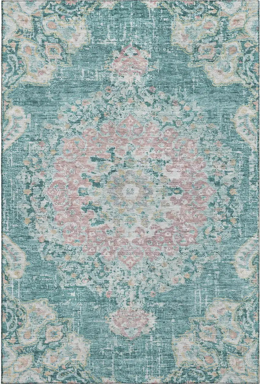 Teal Blush And Ivory Floral Washable Area Rug With UV Protection Photo 1