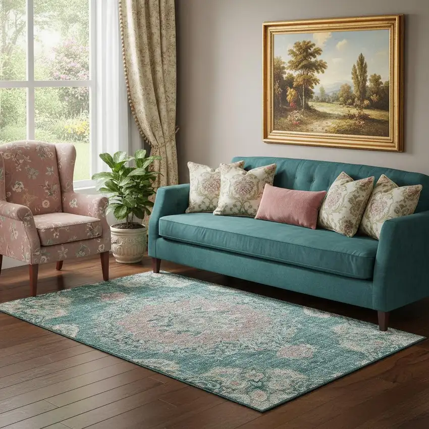 Teal Blush And Ivory Floral Washable Area Rug With UV Protection Photo 2