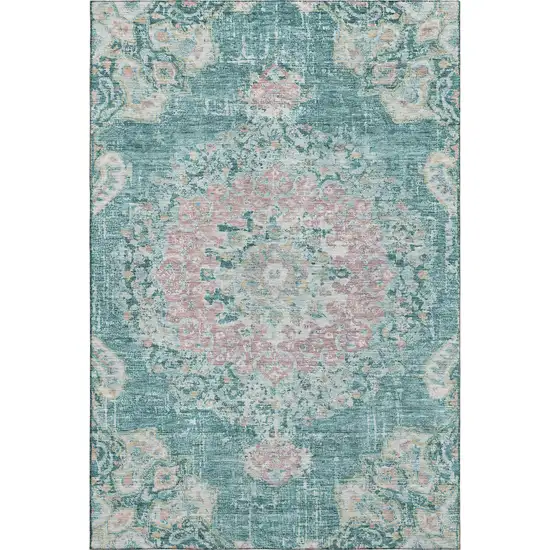 Teal Blush And Ivory Floral Washable Area Rug With UV Protection Photo 1