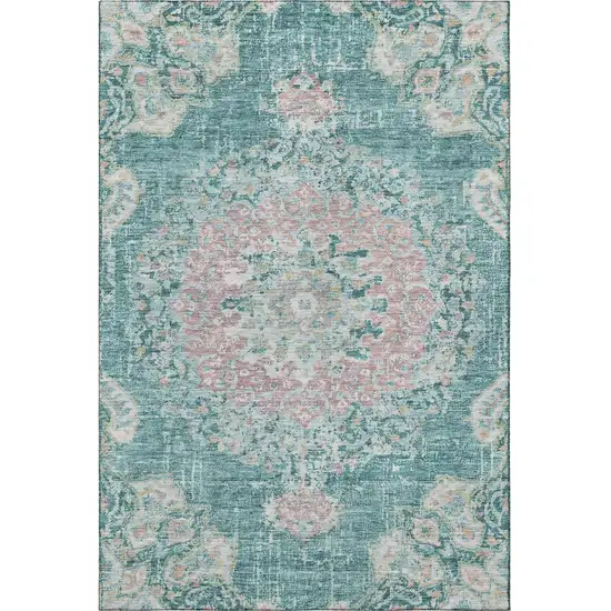 Teal Blush And Ivory Floral Washable Area Rug With UV Protection Photo 3