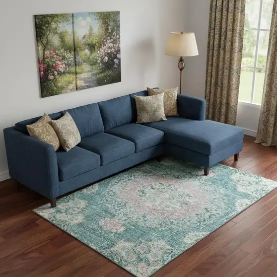 Teal Blush And Ivory Floral Washable Area Rug With UV Protection Photo 2