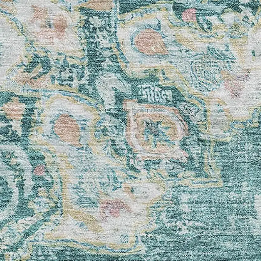 Teal Blush And Ivory Floral Washable Area Rug With UV Protection Photo 2
