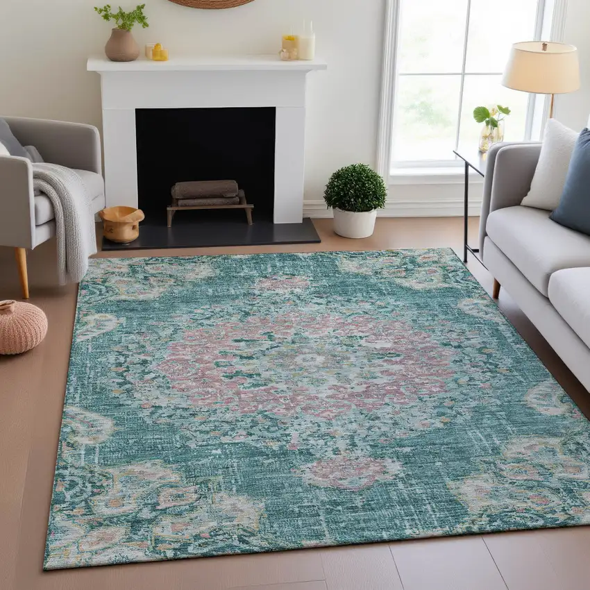 Teal Blush And Ivory Floral Washable Area Rug With UV Protection Photo 4