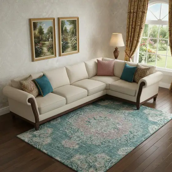 Teal Blush And Ivory Floral Washable Area Rug With UV Protection Photo 2