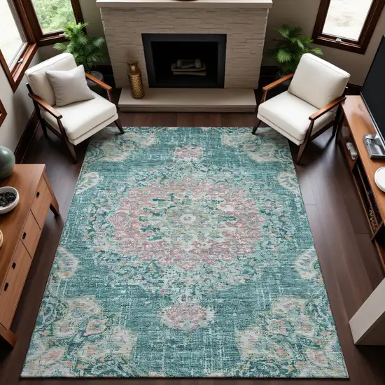 Teal Blush And Ivory Floral Washable Area Rug With UV Protection Photo 5