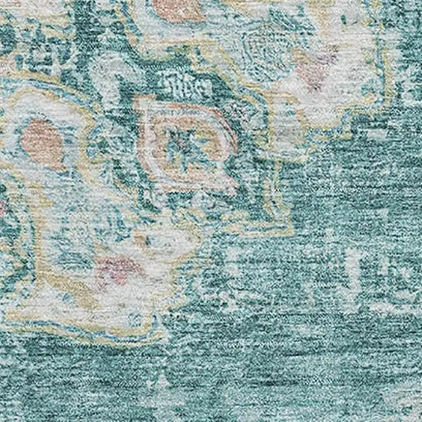 Teal Blush And Ivory Floral Washable Area Rug With UV Protection Photo 2